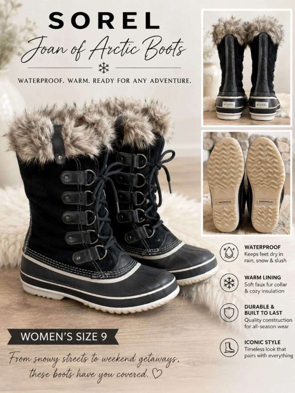 SOREL Joan of Arctic Waterproof Winter Snow Boots Black Women’s Size 9